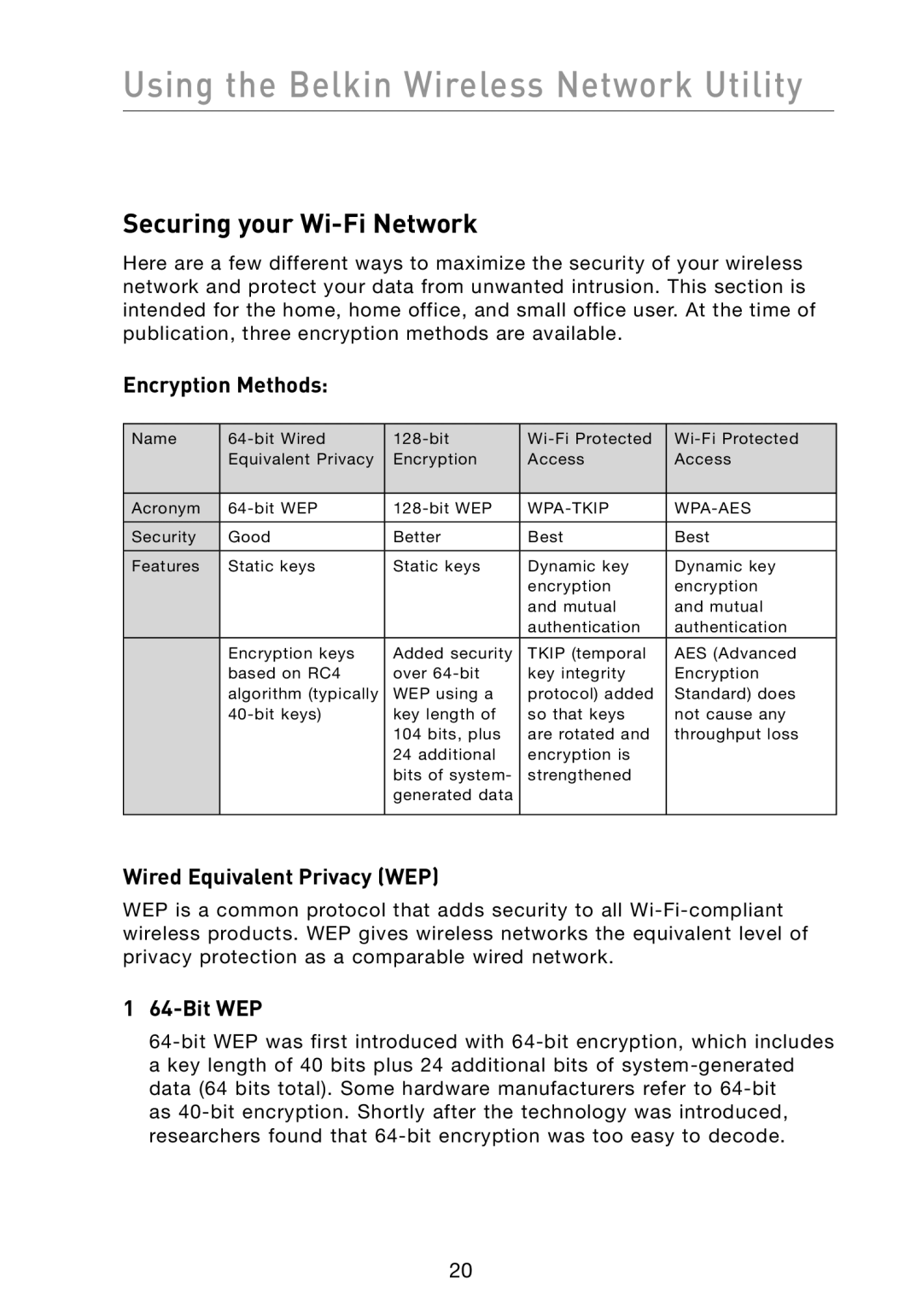 Belkin F6D3000 user manual Securing your Wi-Fi Network, Encryption Methods, Wired Equivalent Privacy WEP, Bit WEP 