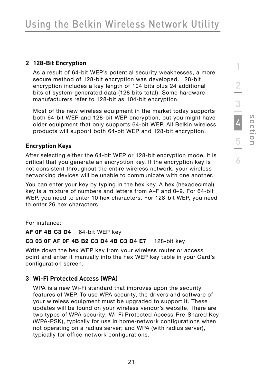 Belkin F6D3000 user manual Bit Encryption, Encryption Keys, Wi-Fi Protected Access WPA 