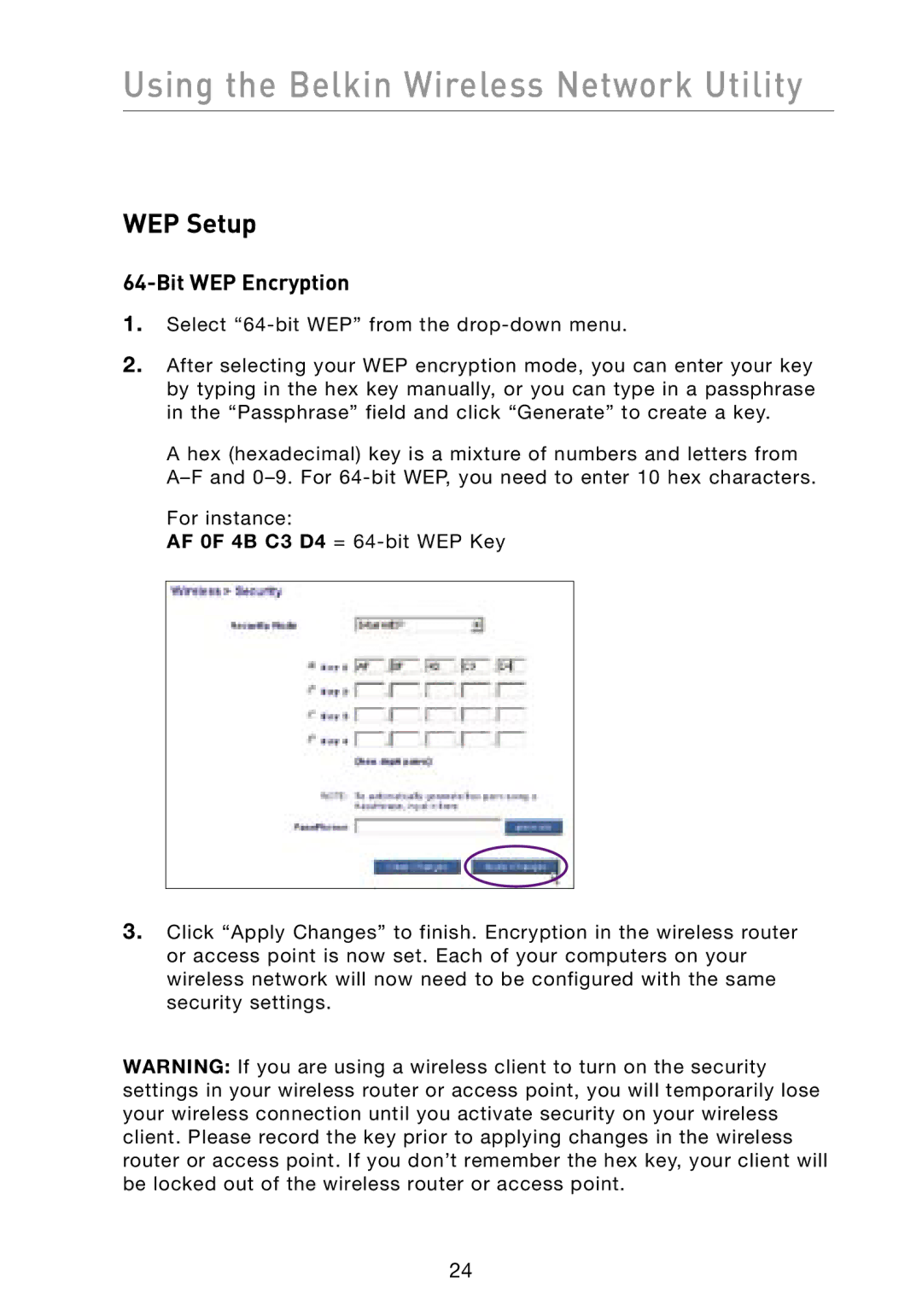 Belkin F6D3000 user manual WEP Setup, Bit WEP Encryption 