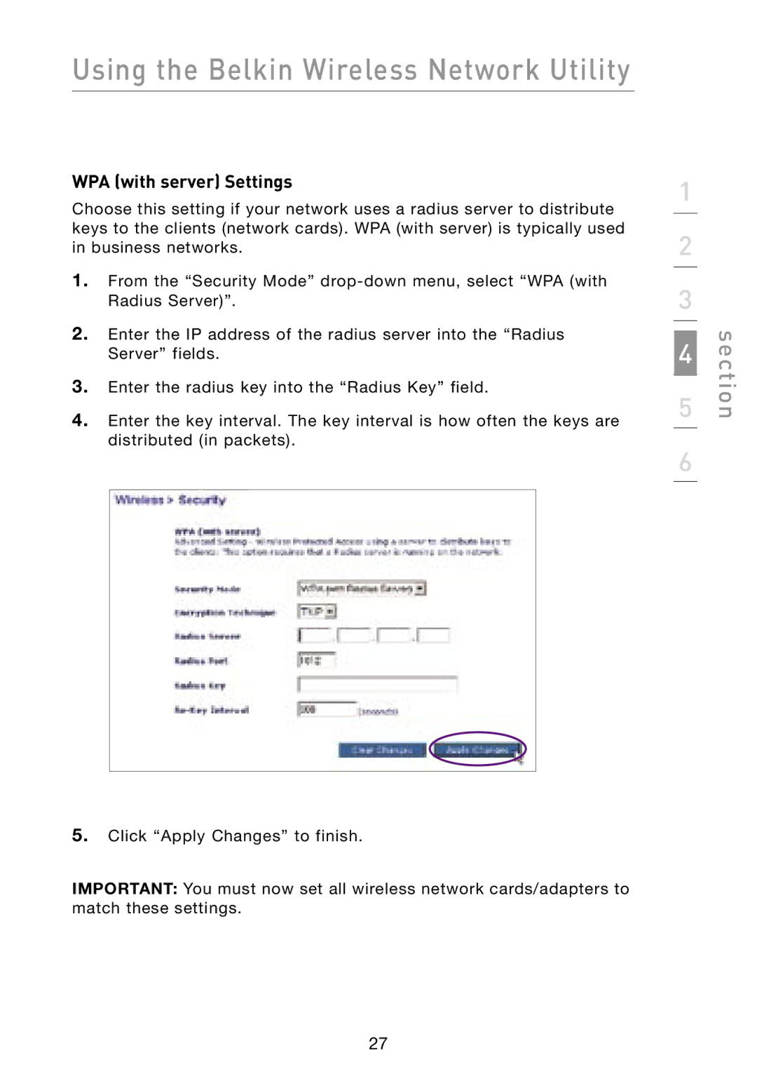 Belkin F6D3000 user manual WPA with server Settings 