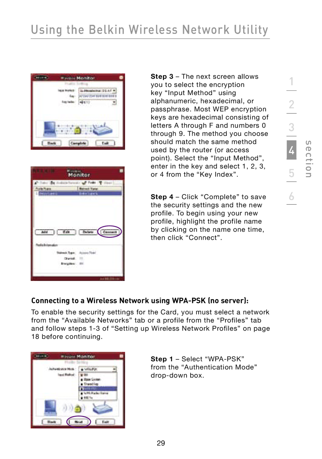 Belkin F6D3000 user manual Connecting to a Wireless Network using WPA-PSK no server 