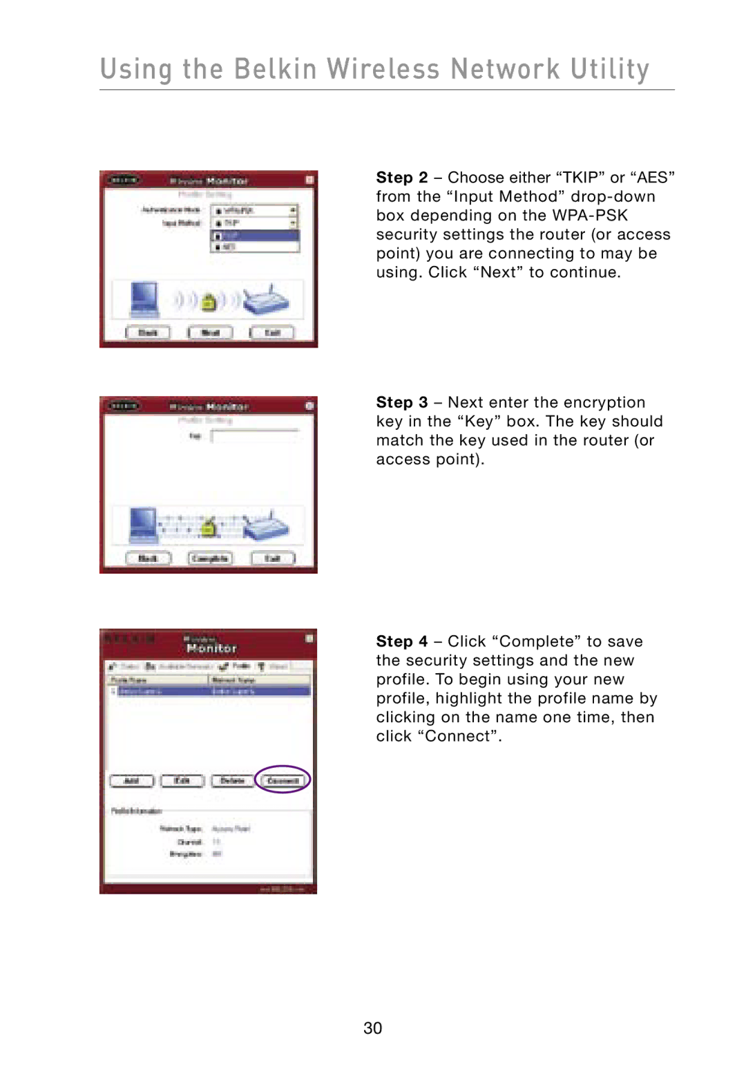 Belkin F6D3000 user manual Using the Belkin Wireless Network Utility 