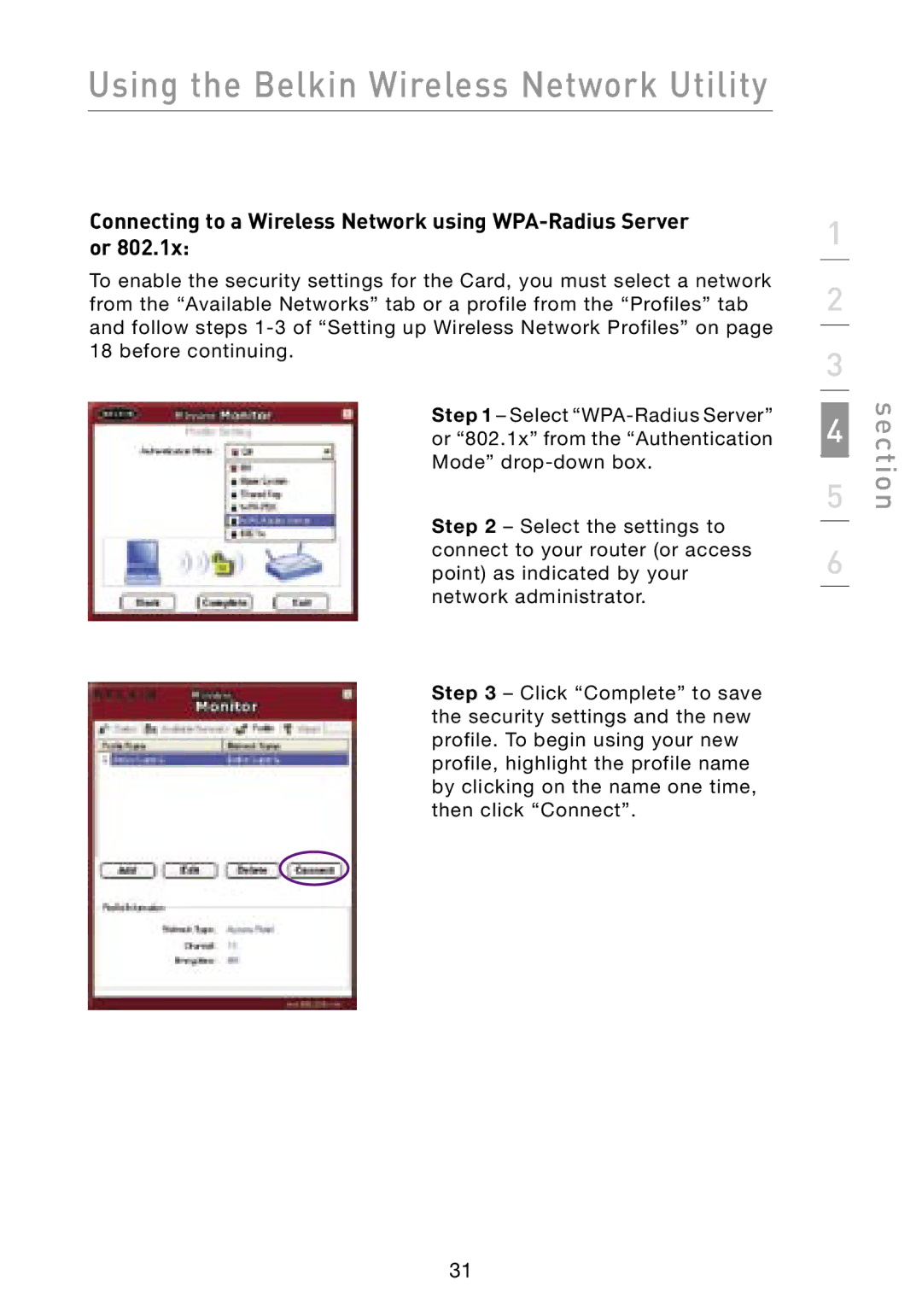 Belkin F6D3000 user manual Connecting to a Wireless Network using WPA-Radius Server or 