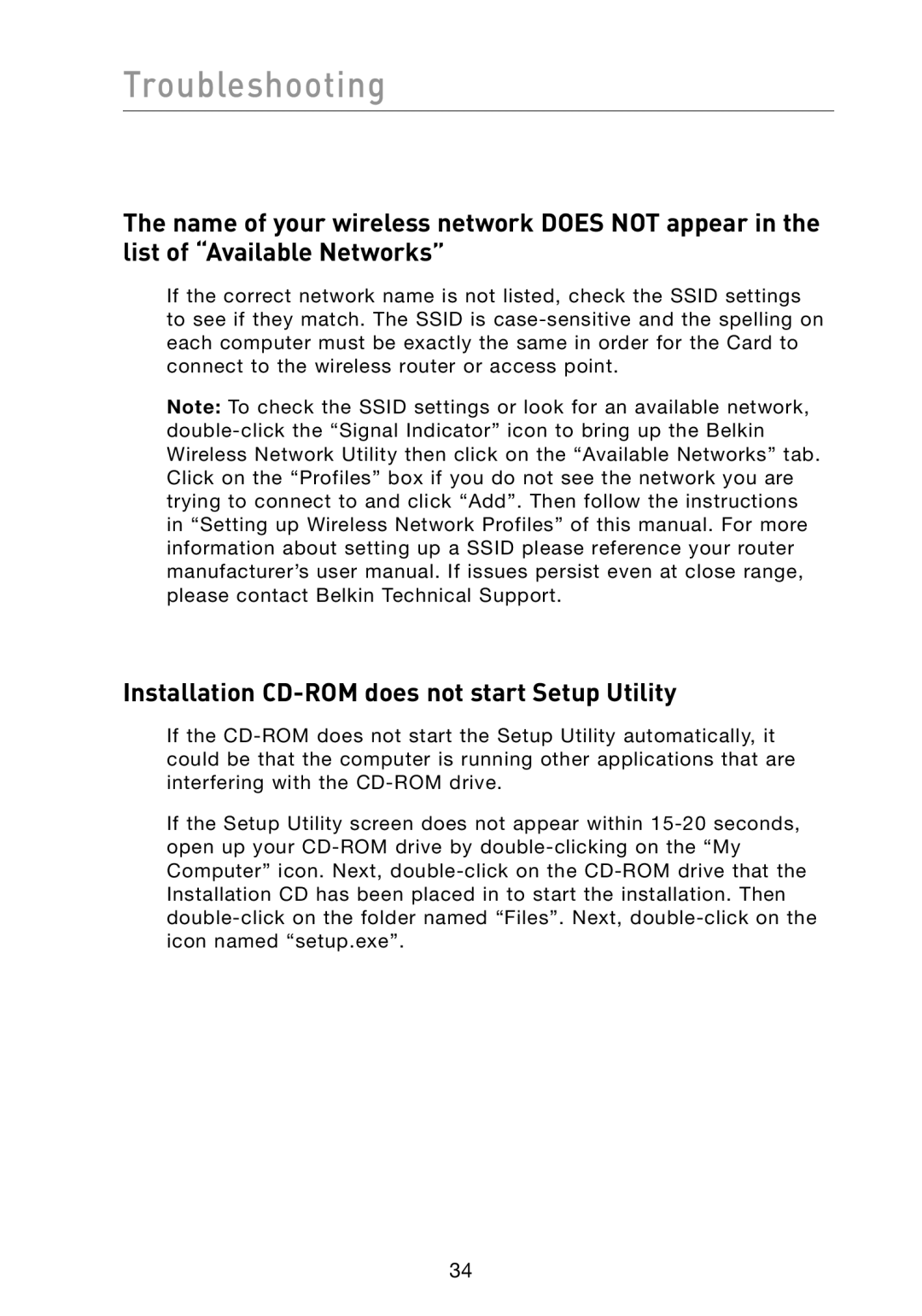 Belkin F6D3000 user manual Troubleshooting 