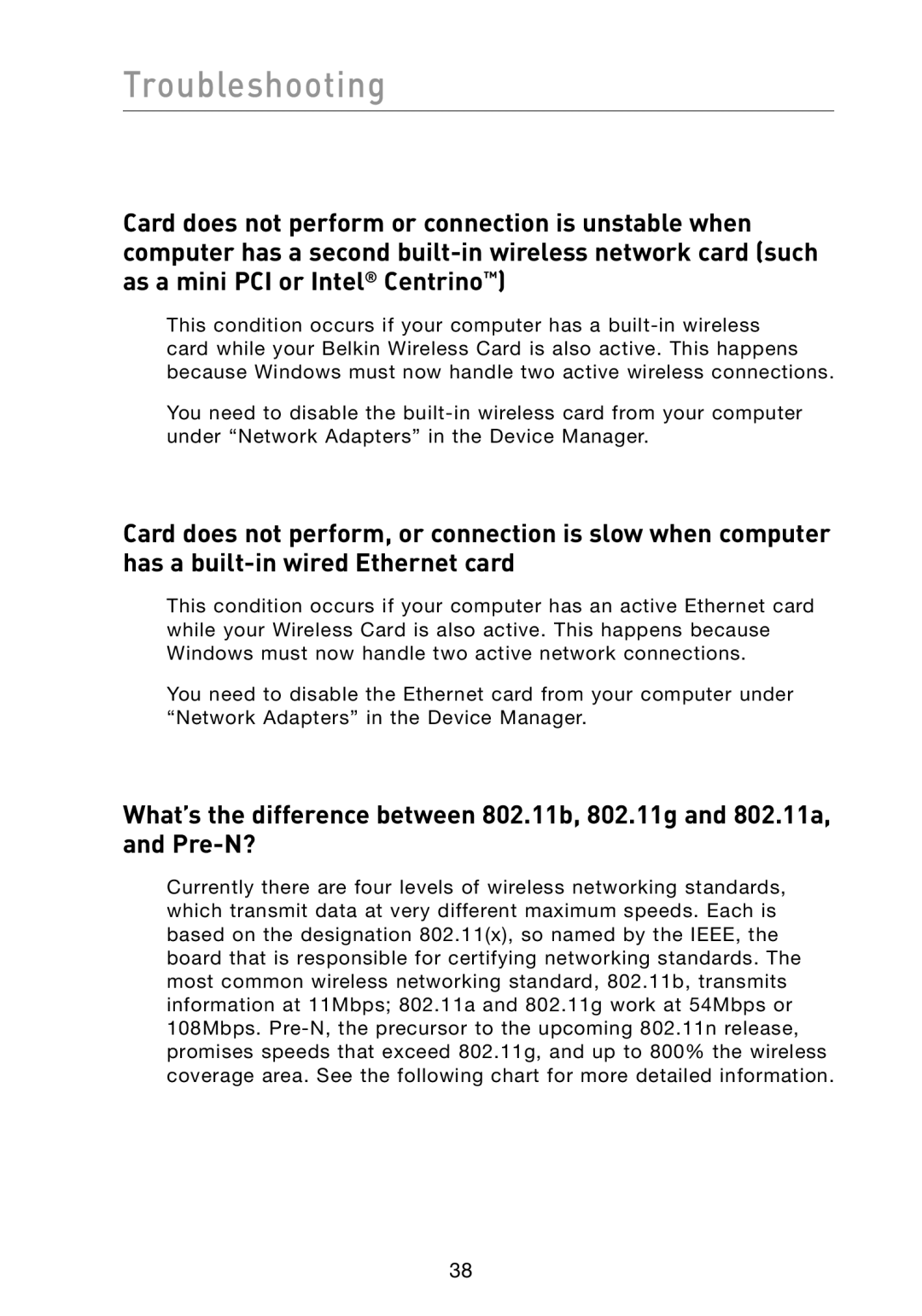 Belkin F6D3000 user manual Troubleshooting 