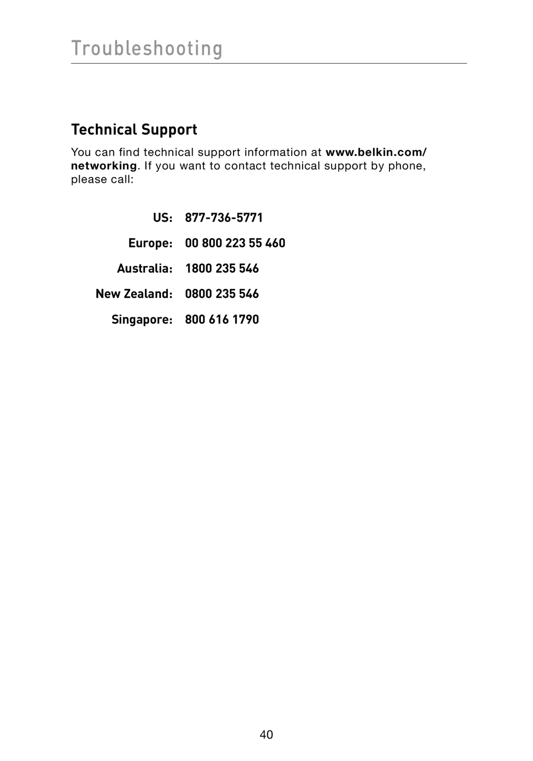 Belkin F6D3000 user manual Technical Support 