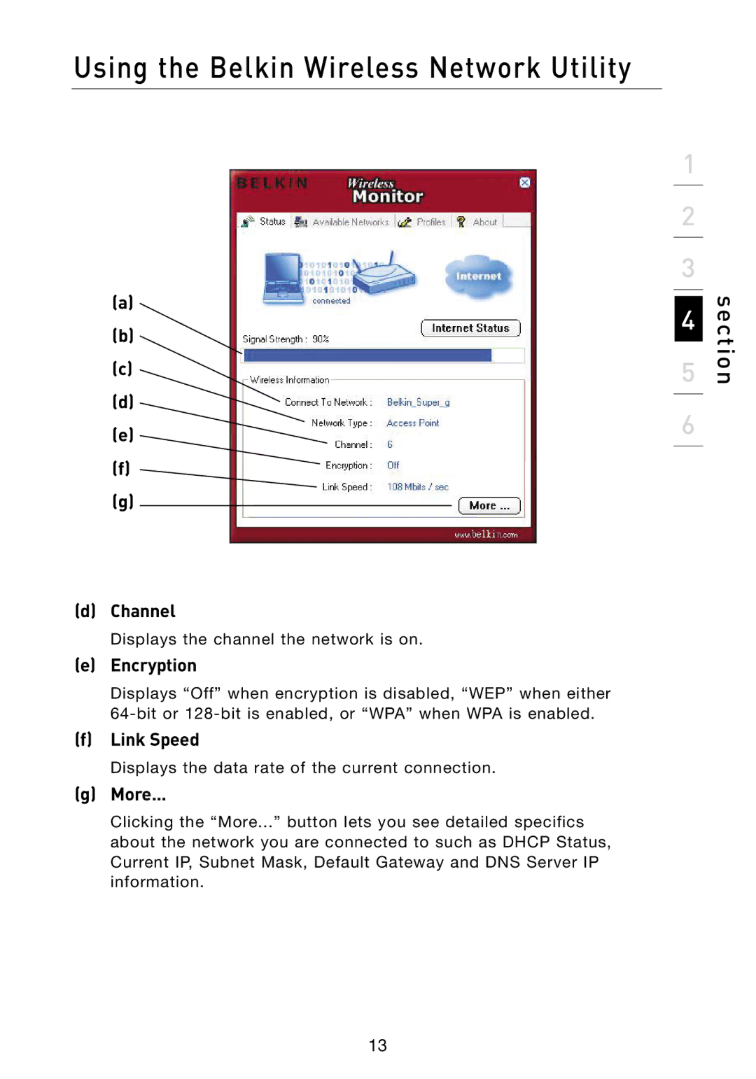 Belkin F6D301 user manual Channel, Encryption, Link Speed, More 