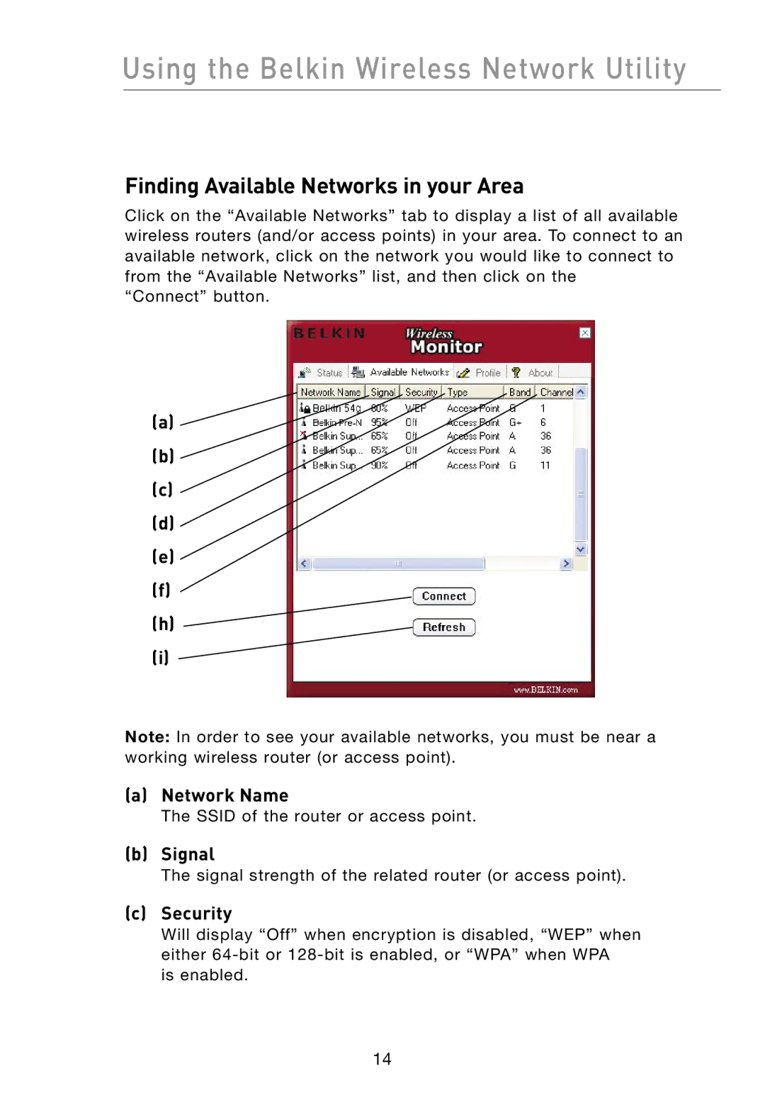 Belkin F6D301 user manual Finding Available Networks in your Area, Network Name, Signal, Security 