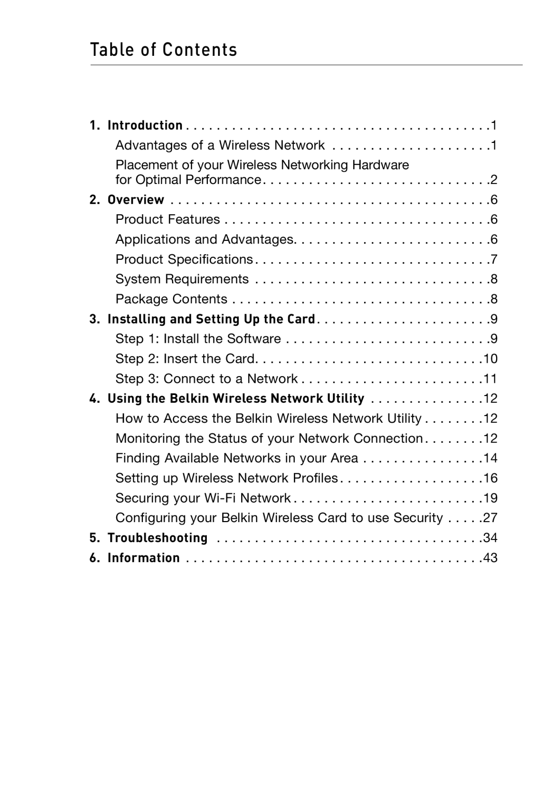 Belkin F6D301 user manual Table of Contents 