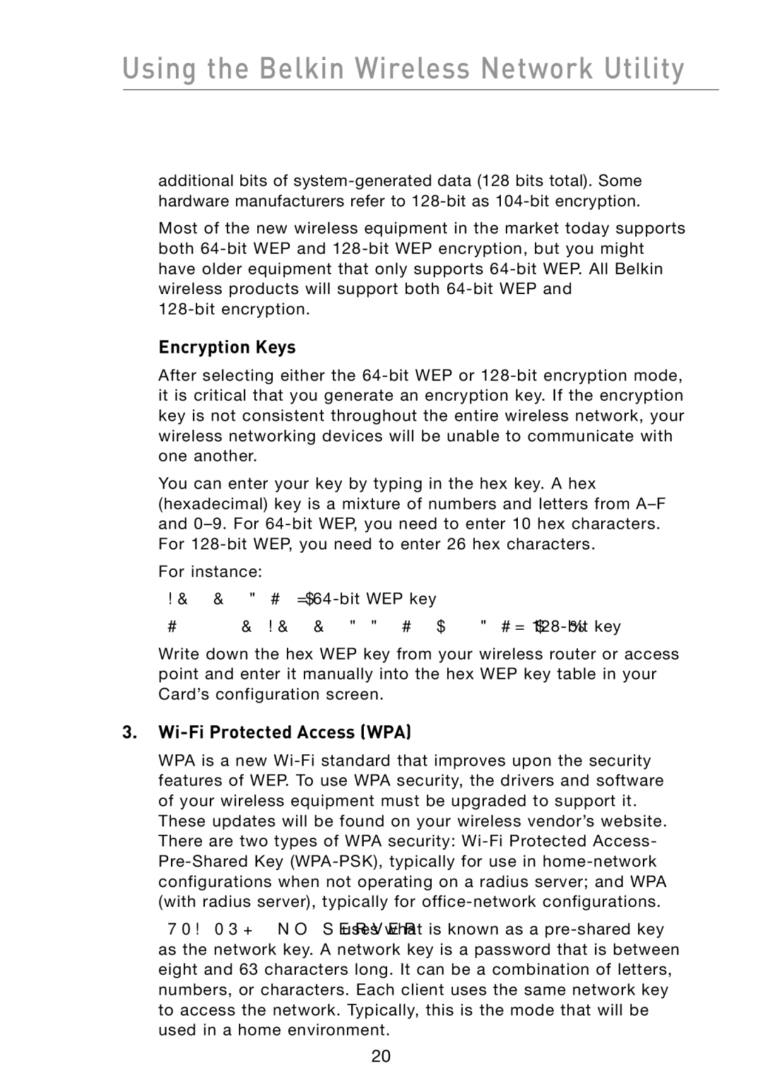 Belkin F6D301 user manual Encryption Keys, Wi-Fi Protected Access WPA, C3 03 0F AF 0F 4B B2 C3 D4 4B C3 D4 E7 = 128-bit key 