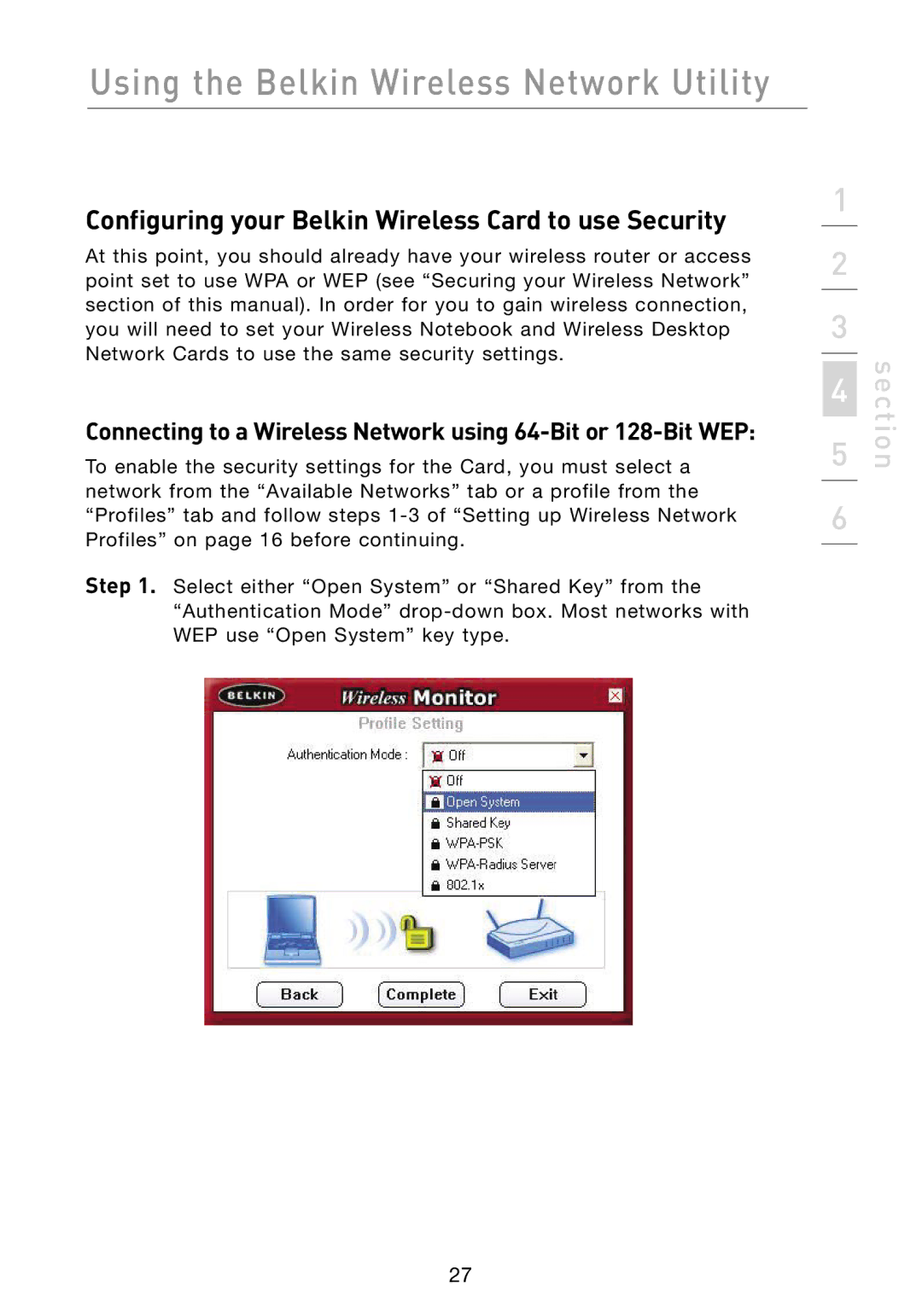 Belkin F6D301 user manual Configuring your Belkin Wireless Card to use Security 