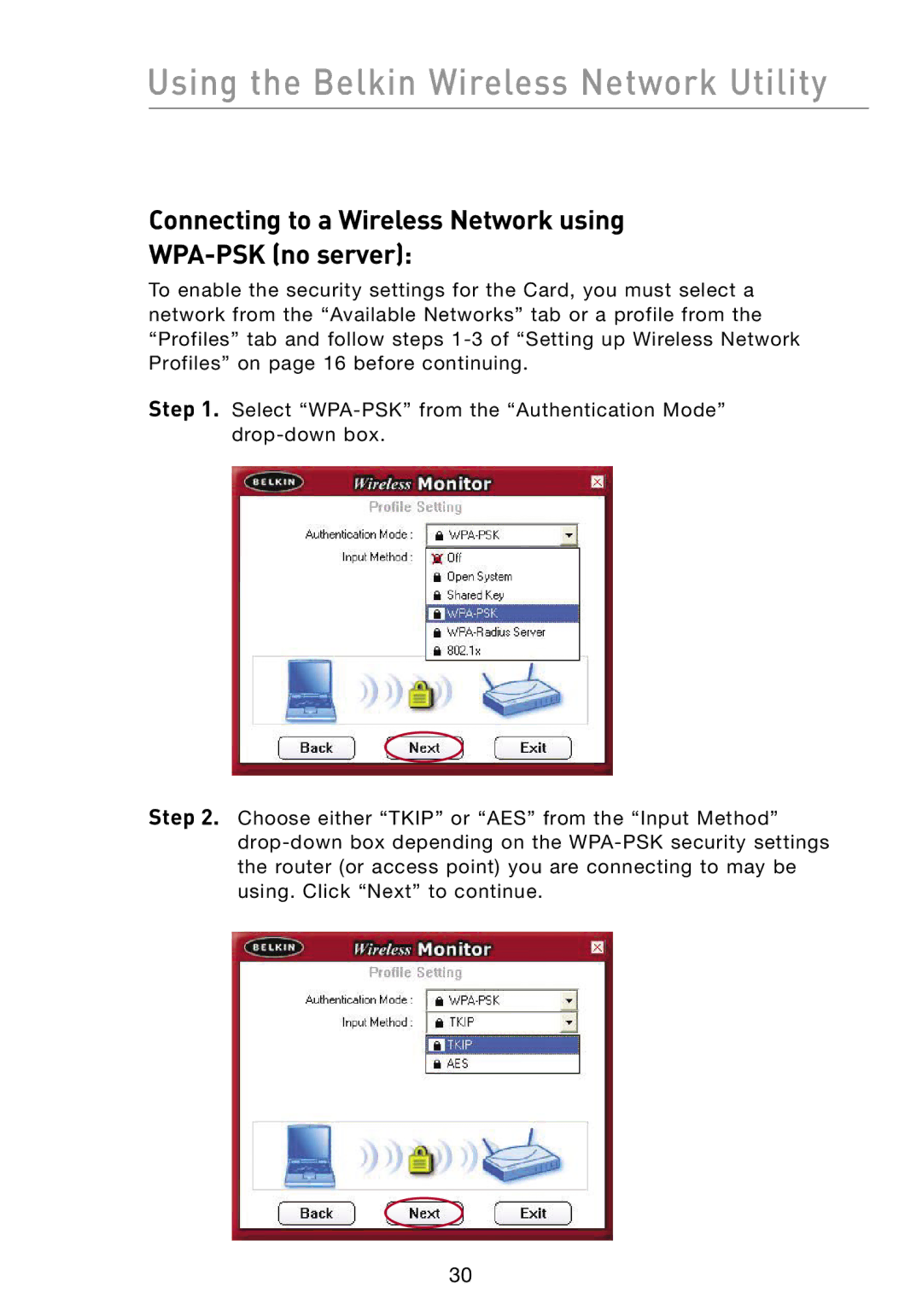 Belkin F6D301 user manual Connecting to a Wireless Network using WPA-PSK no server 