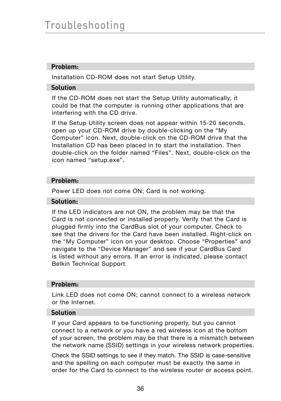 Belkin F6D301 user manual Troubleshooting 