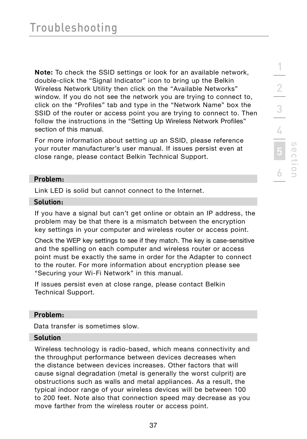 Belkin F6D301 user manual Link LED is solid but cannot connect to the Internet 