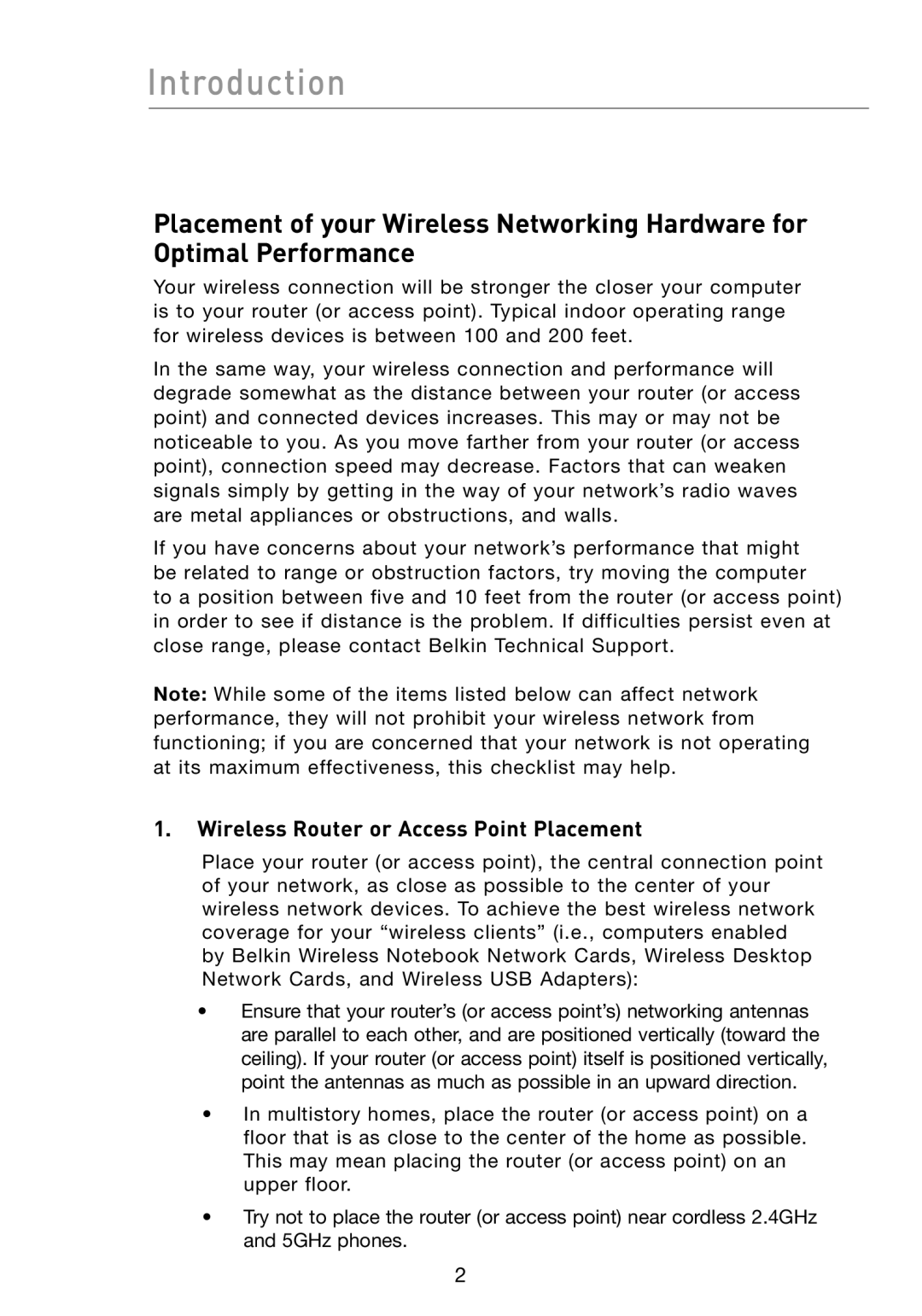 Belkin F6D301 user manual Introduction, Wireless Router or Access Point Placement 