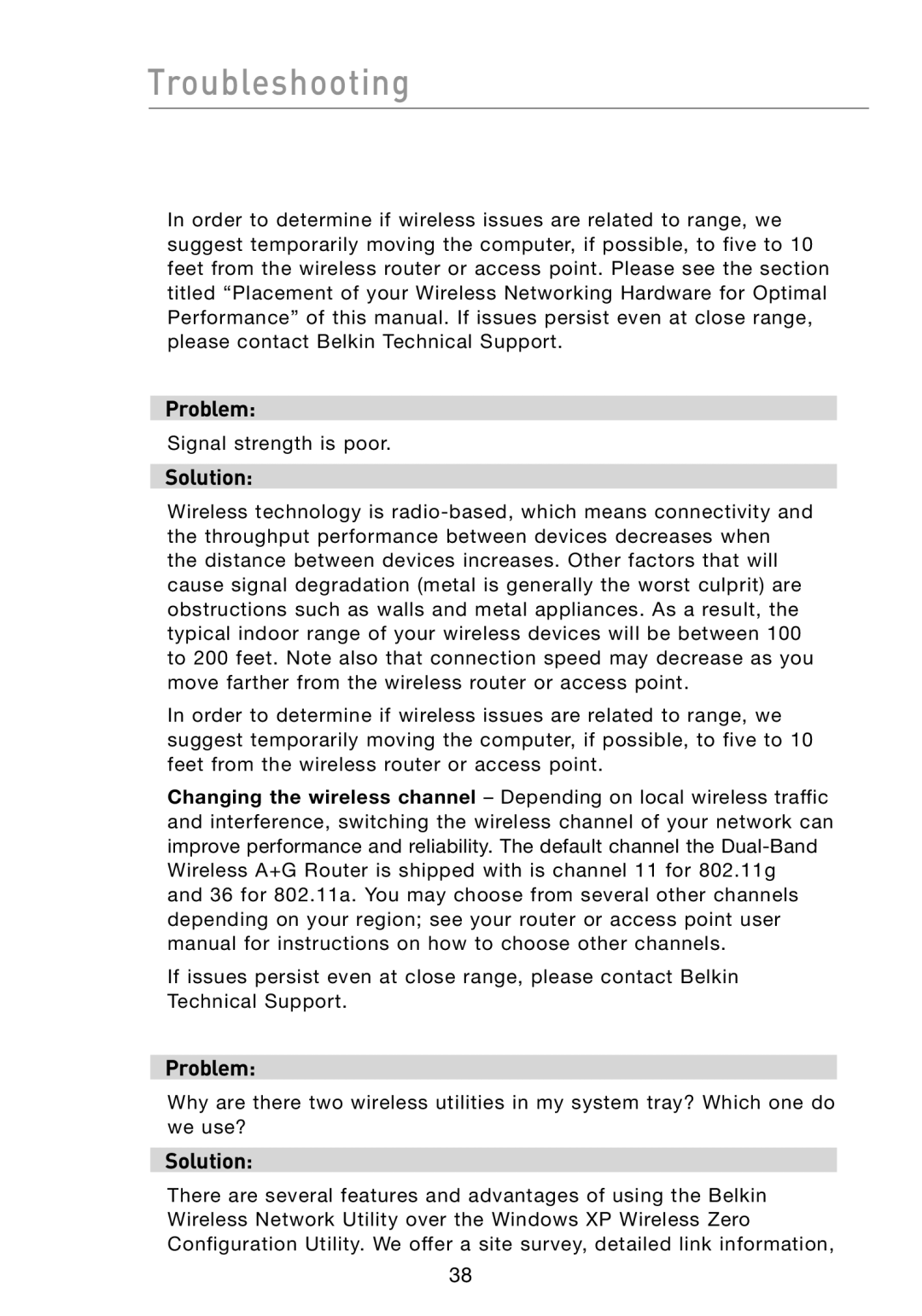 Belkin F6D301 user manual Signal strength is poor 