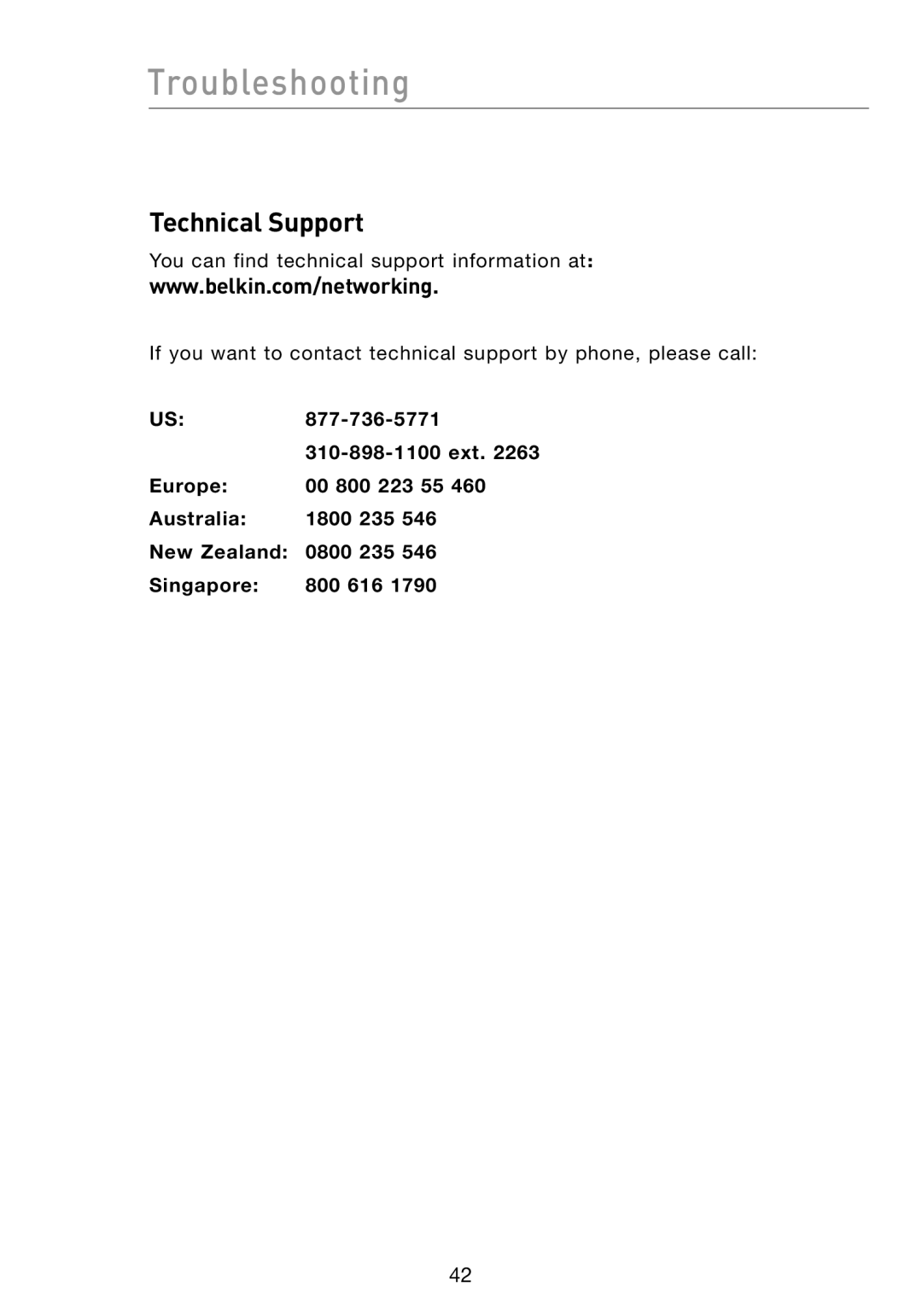 Belkin F6D301 user manual Technical Support 