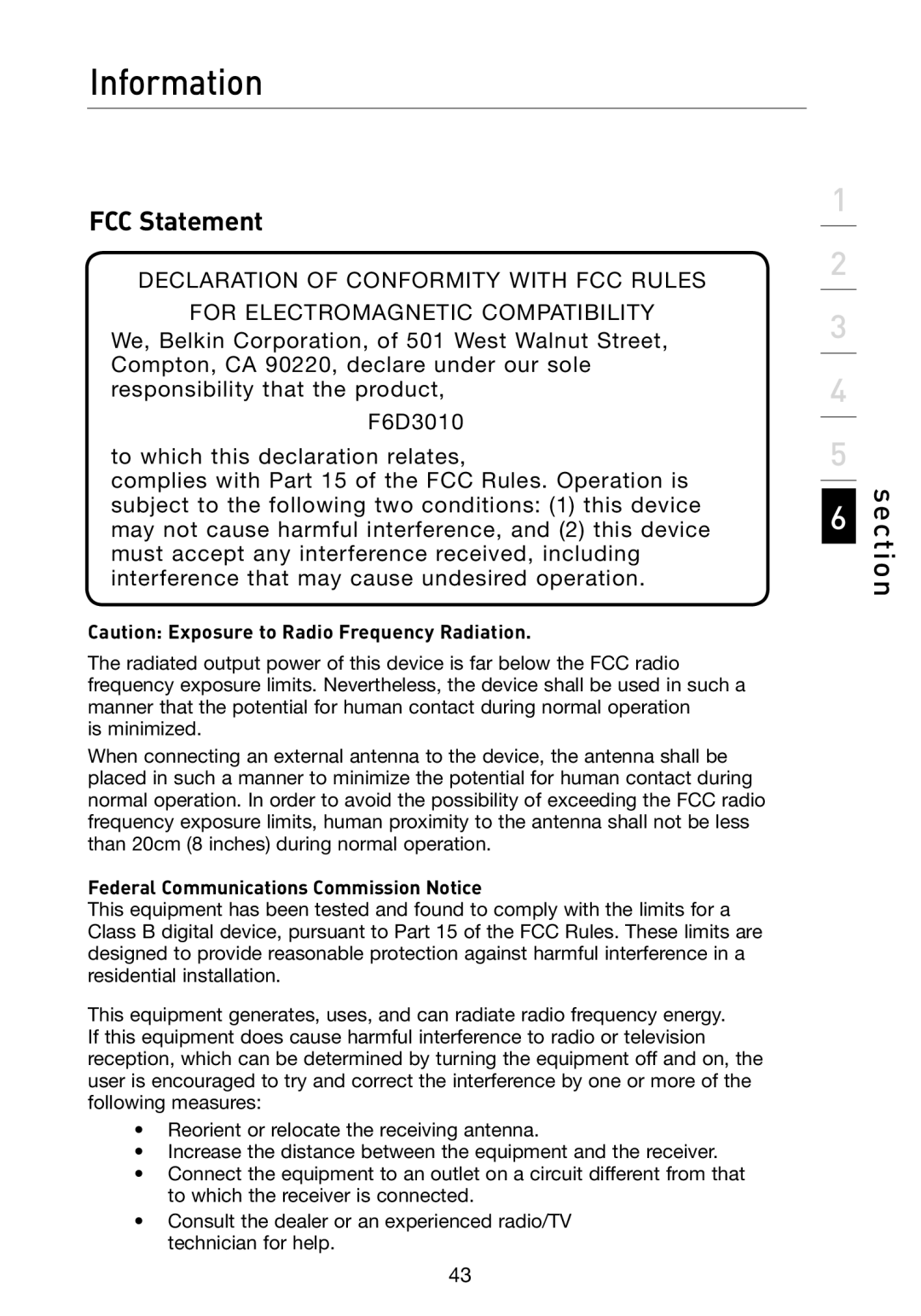 Belkin F6D301 user manual FCC Statement, Federal Communications Commission Notice 