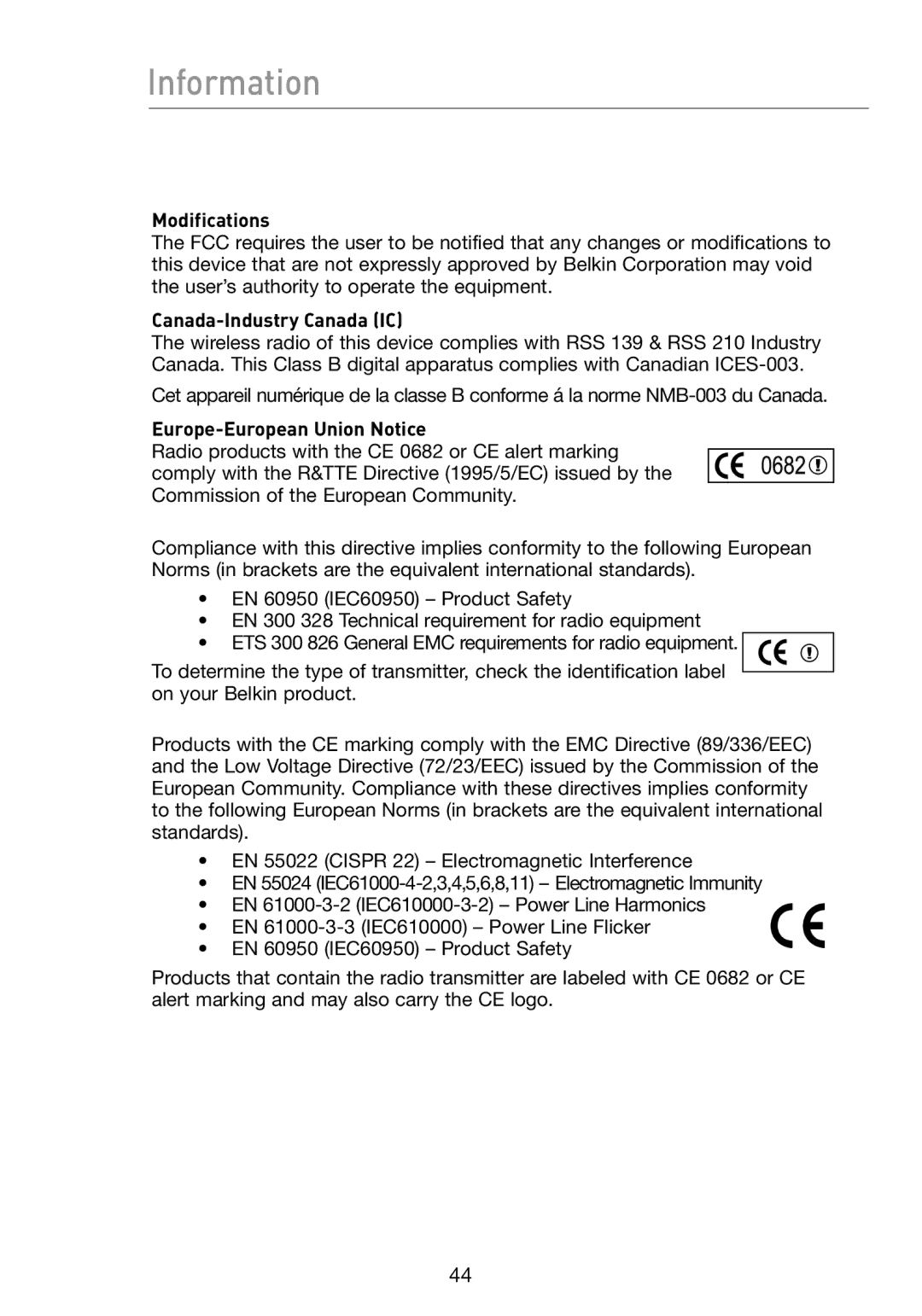 Belkin F6D301 user manual Modifications, Canada-Industry Canada IC, Europe-European Union Notice 