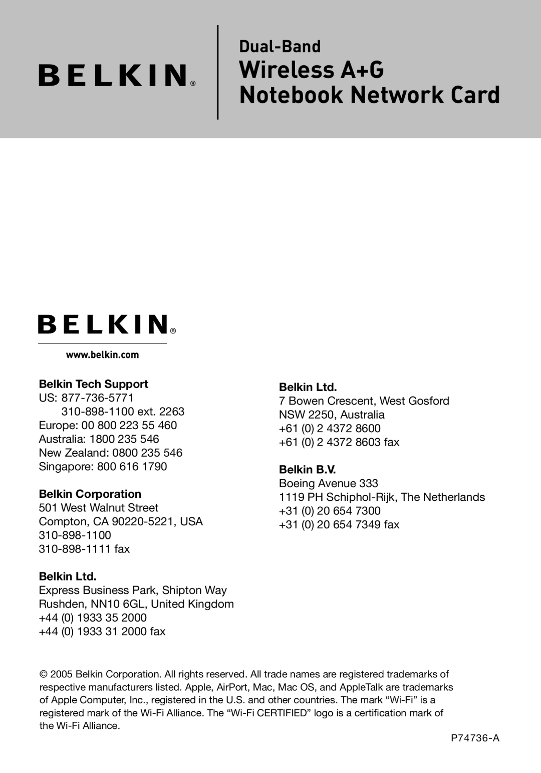 Belkin F6D301 user manual Belkin Tech Support, Belkin Corporation, Belkin B.V. Boeing Avenue 