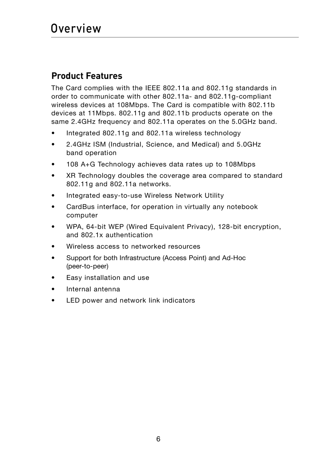 Belkin F6D301 user manual Overview, Product Features 