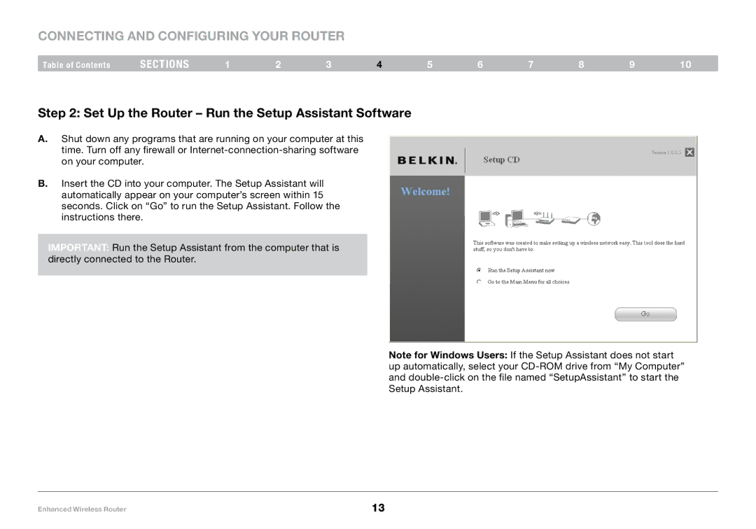 Belkin 8820-00034, F6D4230-4 user manual Set Up the Router Run the Setup Assistant Software 