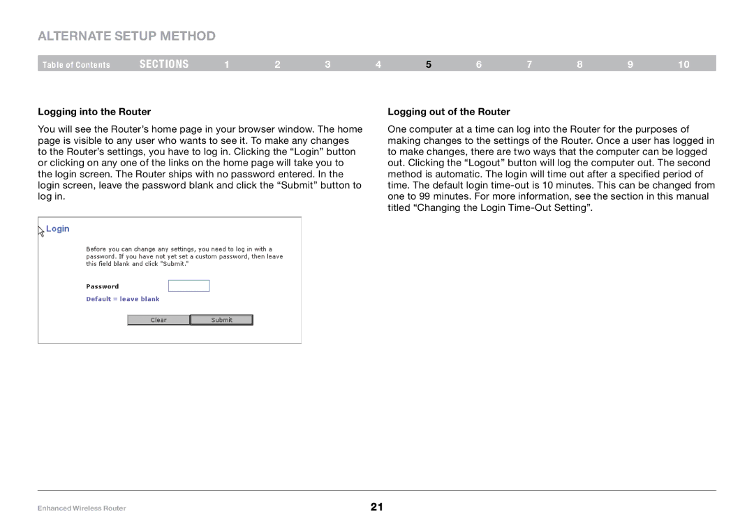 Belkin 8820-00034, F6D4230-4 user manual Alternate Setup Method, Logging into the Router Logging out of the Router 