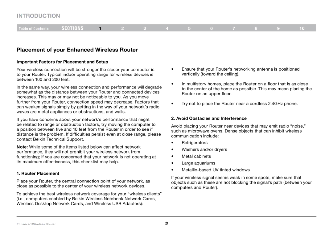 Belkin F6D4230-4 Introduction, Placement of your Enhanced Wireless Router, Important Factors for Placement and Setup 