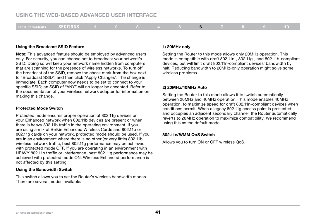 Belkin 8820-00034 Using the Broadcast Ssid Feature Protected Mode Switch, Using the Bandwidth Switch, 20MHz only 