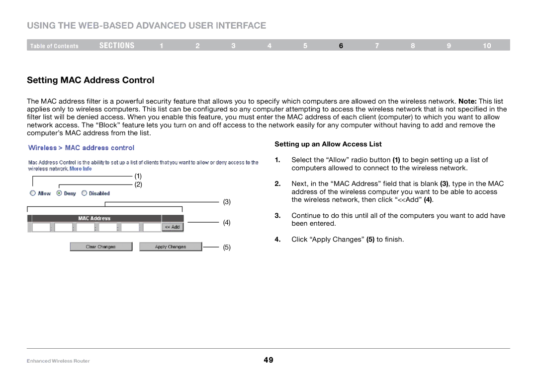 Belkin 8820-00034, F6D4230-4 user manual Setting MAC Address Control, Setting up an Allow Access List 