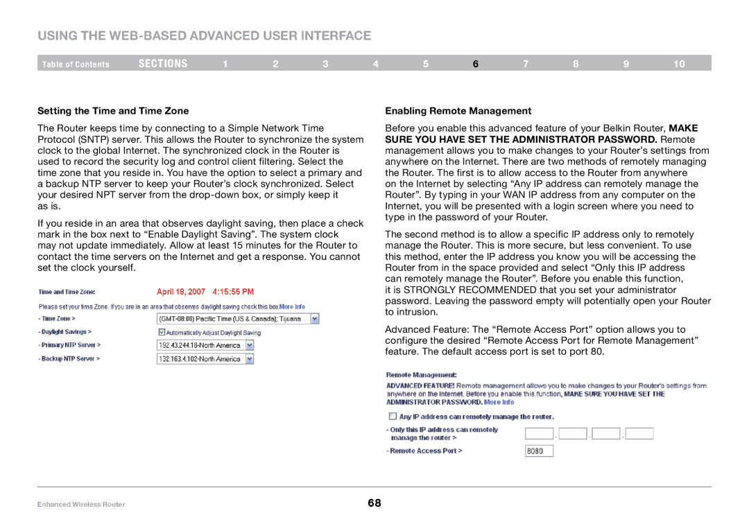 Belkin F6D4230-4, 8820-00034 user manual Setting the Time and Time Zone, Enabling Remote Management 