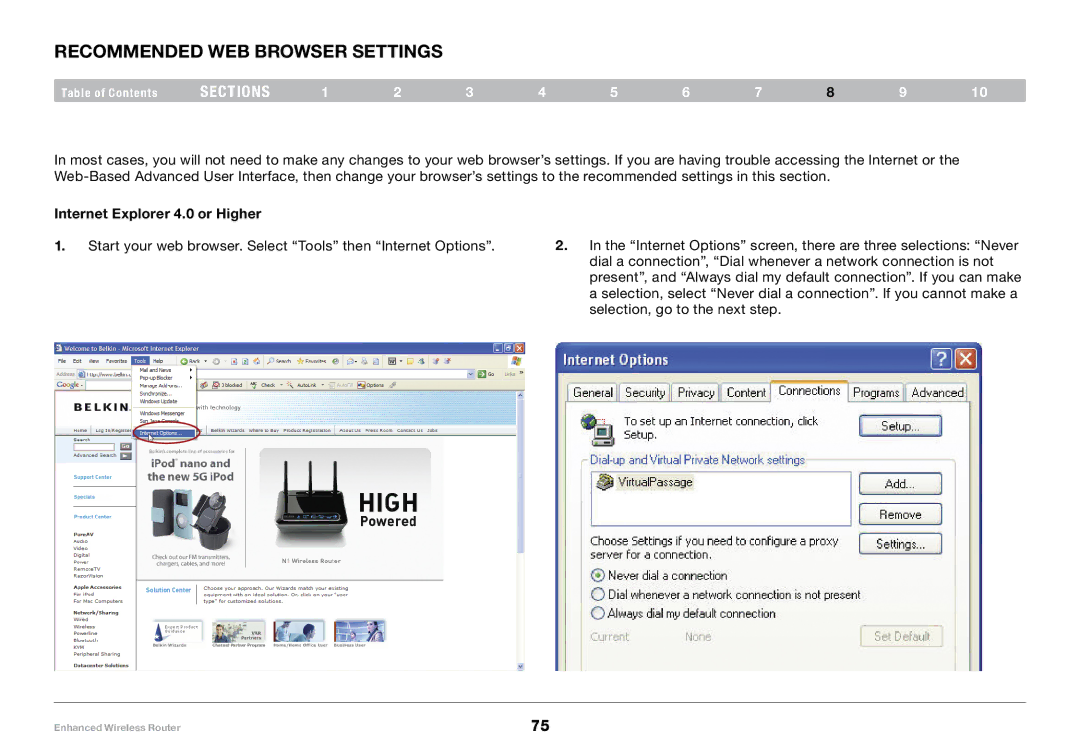 Belkin 8820-00034, F6D4230-4 user manual Recommended Web Browser Settings, Internet Explorer 4.0 or Higher 