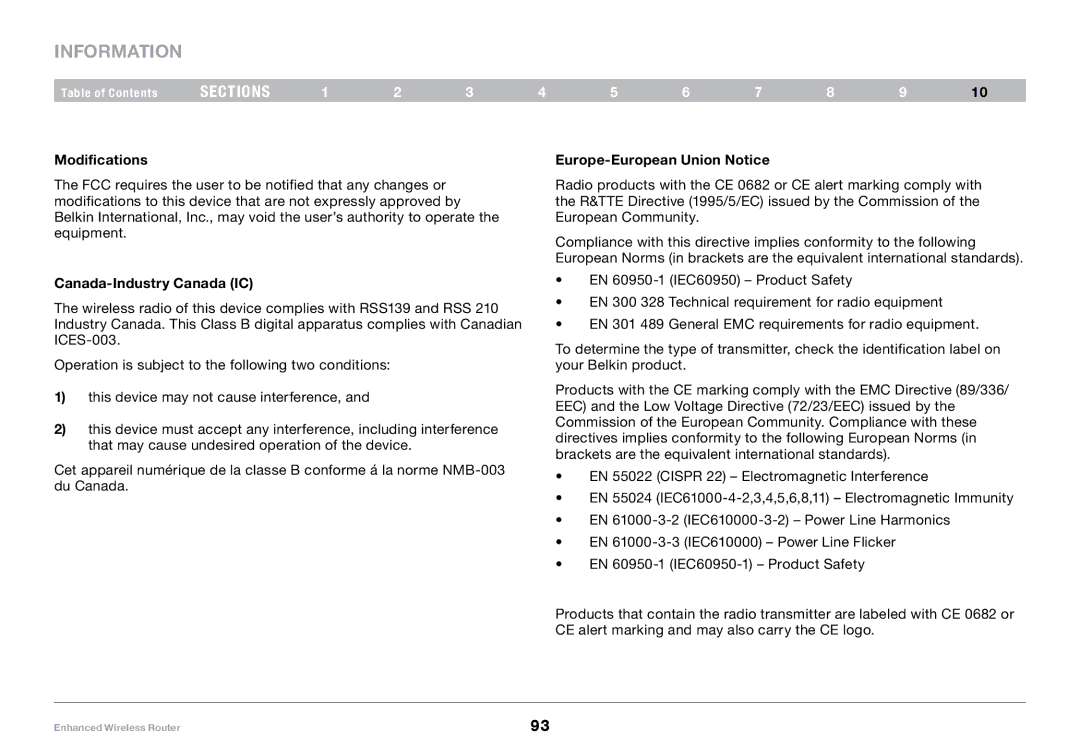 Belkin 8820-00034, F6D4230-4 user manual Information, Modifications, Europe-European Union Notice, Canada-Industry Canada IC 