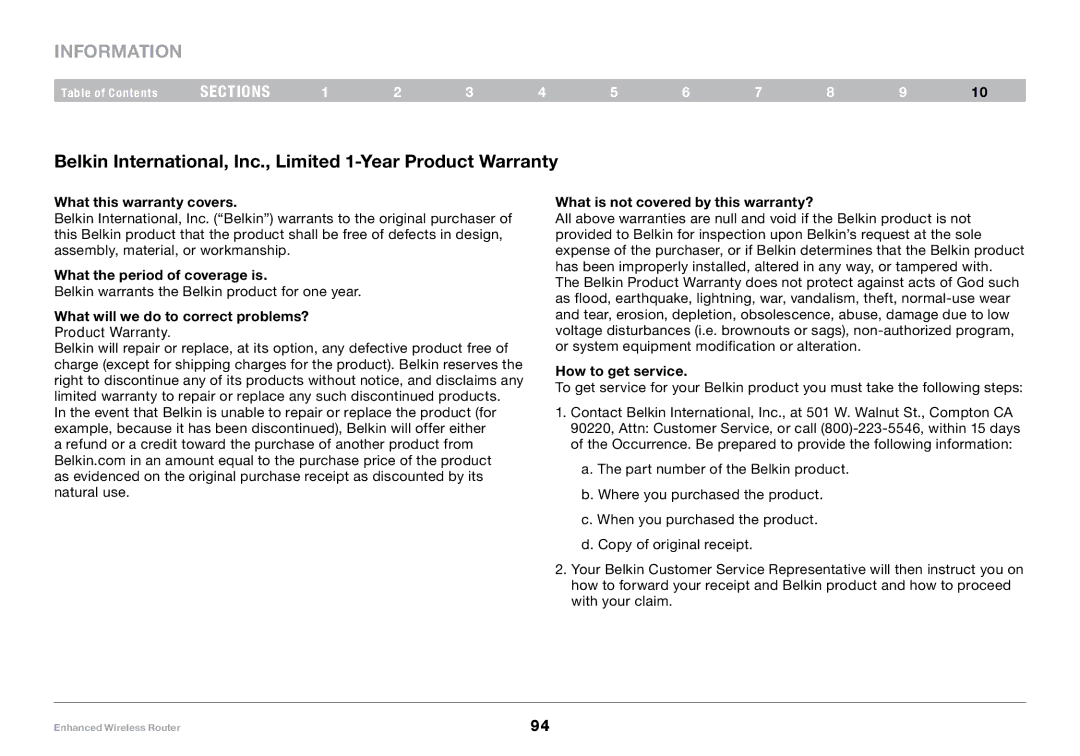 Belkin F6D4230-4, 8820-00034 user manual Belkin International, Inc., Limited 1-Year Product Warranty 