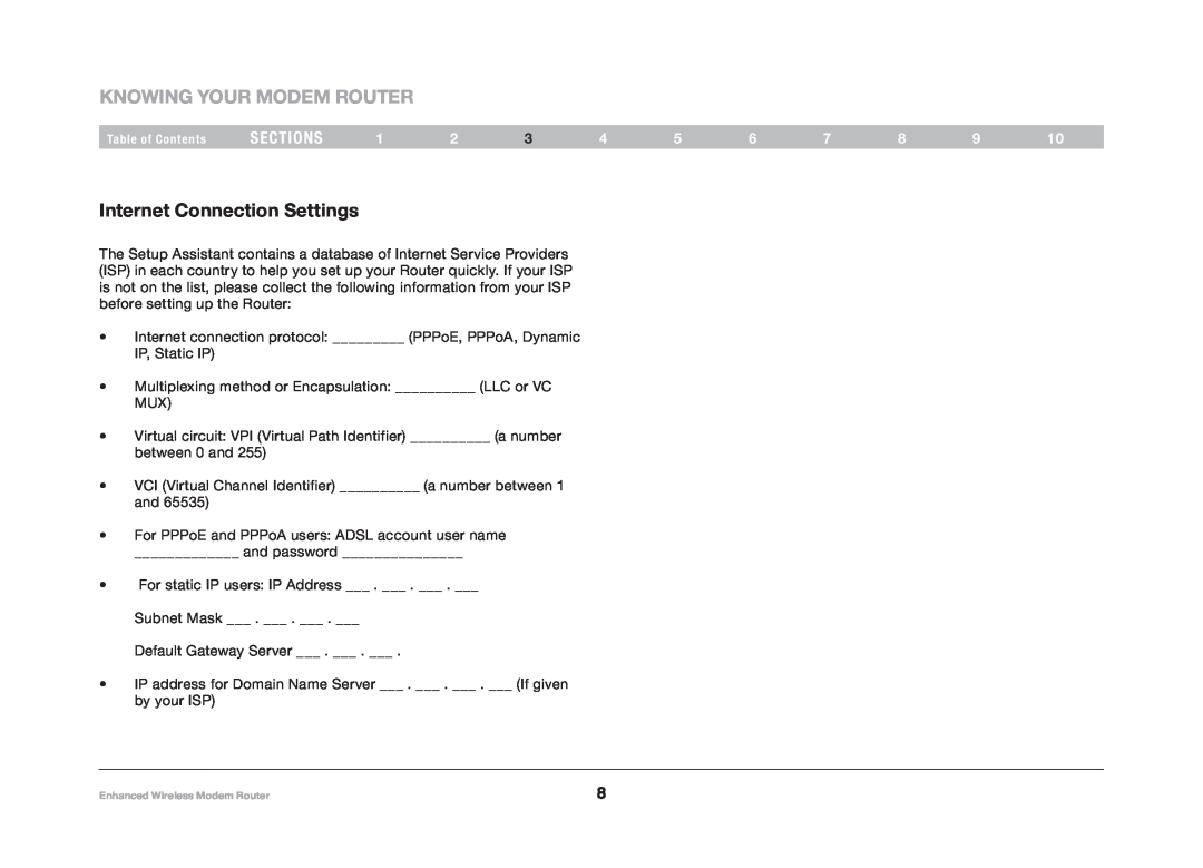 Belkin F6D4630-4 user manual Knowing your MODEM Router, Internet Connection Settings, sections 
