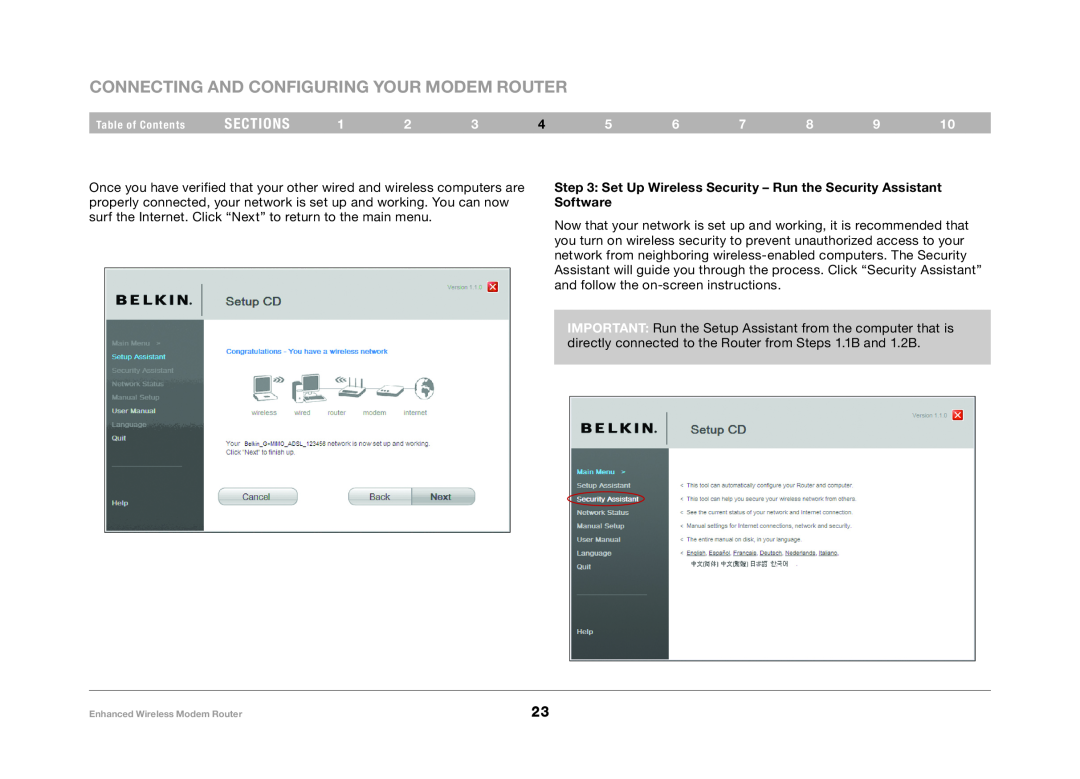 Belkin F6D4630-4 user manual Connecting and Configuring your modem Router, sections 