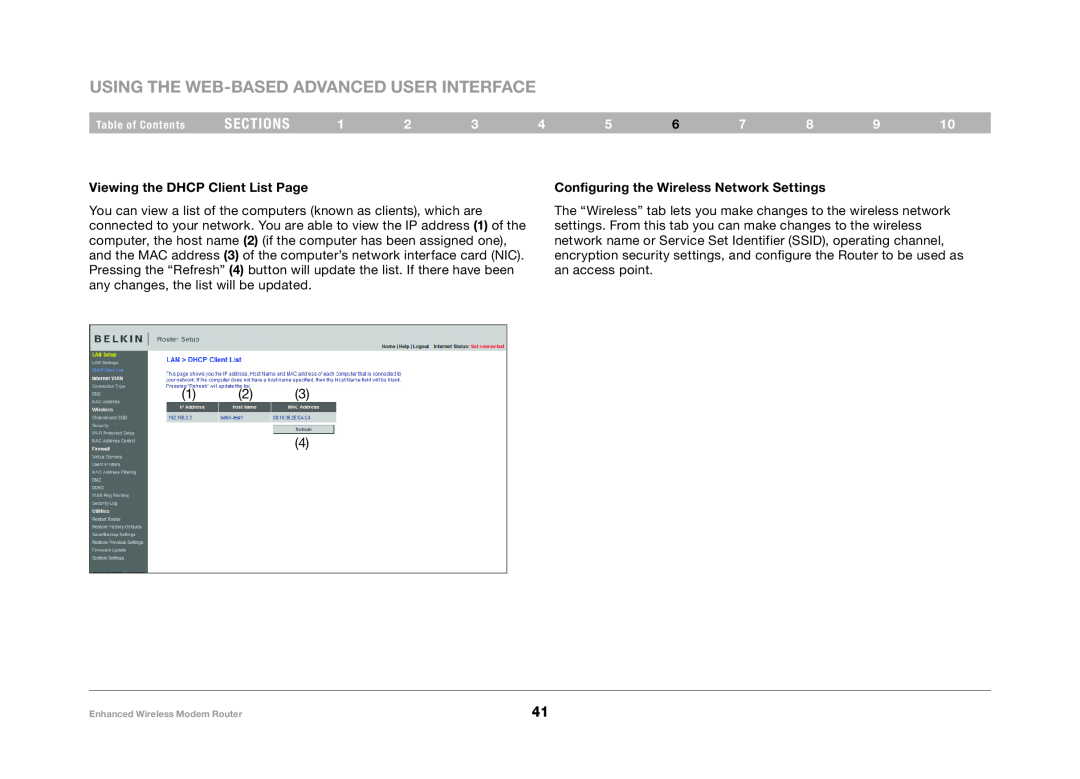 Belkin F6D4630-4 user manual Using the Web-Based Advanced User Interface, sections, Viewing the DHCP Client List Page 