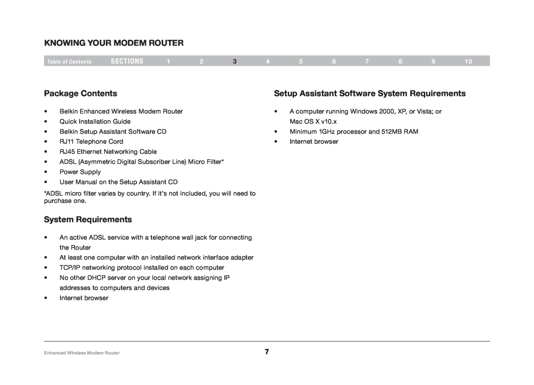 Belkin F6D4630-4 user manual Knowing your MODEM Router, Package Contents, Setup Assistant Software System Requirements 