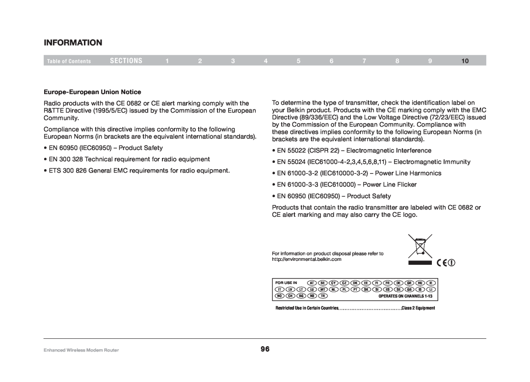 Belkin F6D4630-4 user manual Information, sections, Europe-European Union Notice 