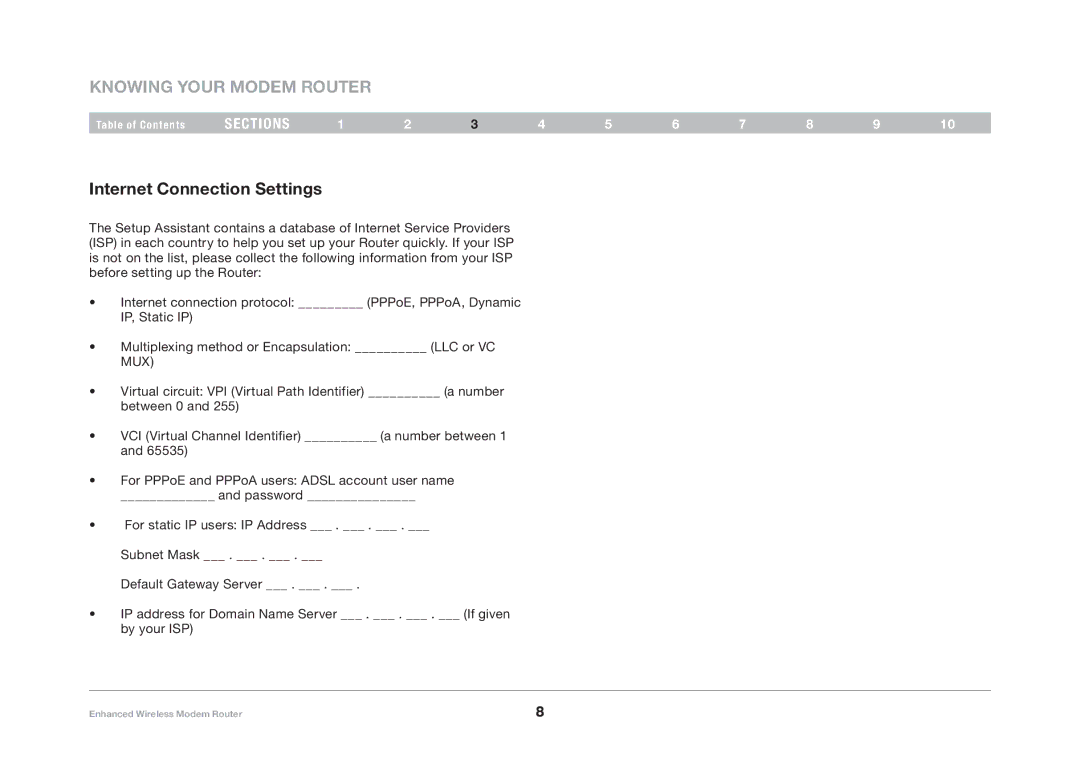 Belkin F6D4630-4 user manual Knowing your Modem Router, Internet Connection Settings 