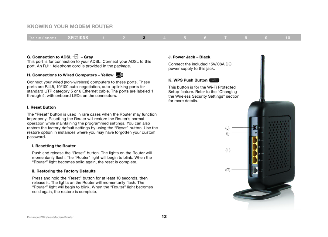 Belkin F6D4630-4 Connection to Adsl Gray, Connections to Wired Computers Yellow, Reset Button, Resetting the Router 