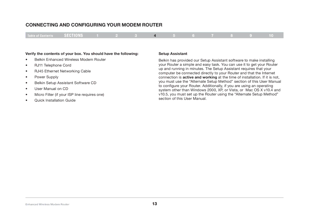 Belkin F6D4630-4 user manual Connecting and Configuring your modem Router, Setup Assistant 