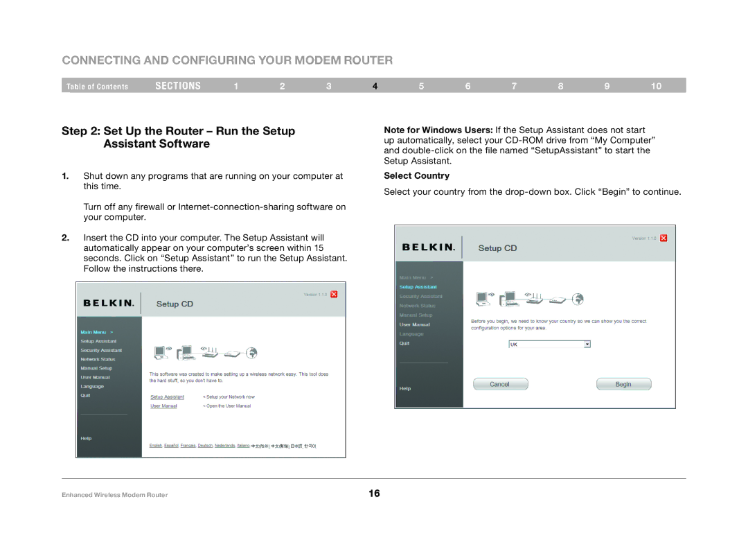 Belkin F6D4630-4 user manual Set Up the Router Run the Setup Assistant Software, Select Country 