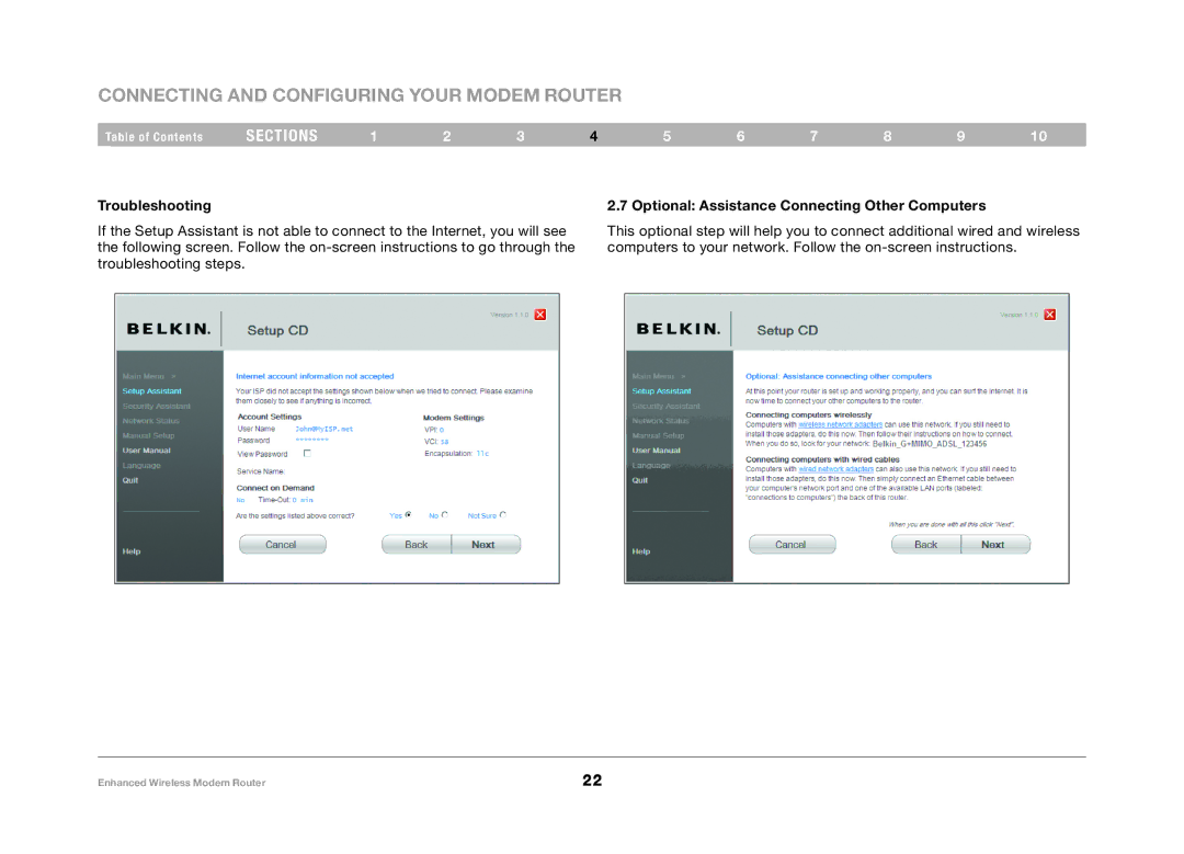 Belkin F6D4630-4 user manual Troubleshooting, Optional Assistance Connecting Other Computers 