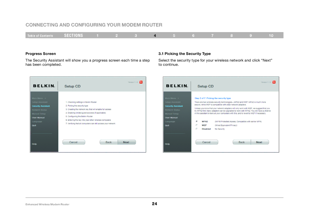 Belkin F6D4630-4 user manual Progress Screen, Picking the Security Type 