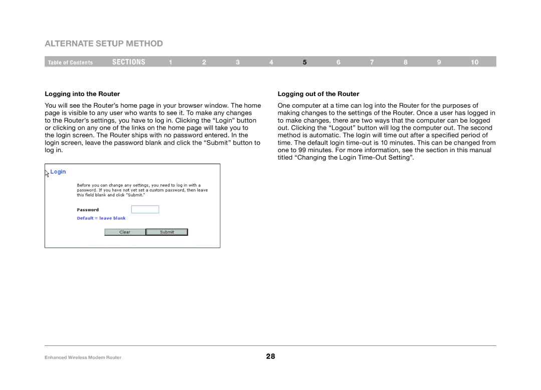 Belkin F6D4630-4 user manual Alternate Setup Method, Logging into the Router, Logging out of the Router 