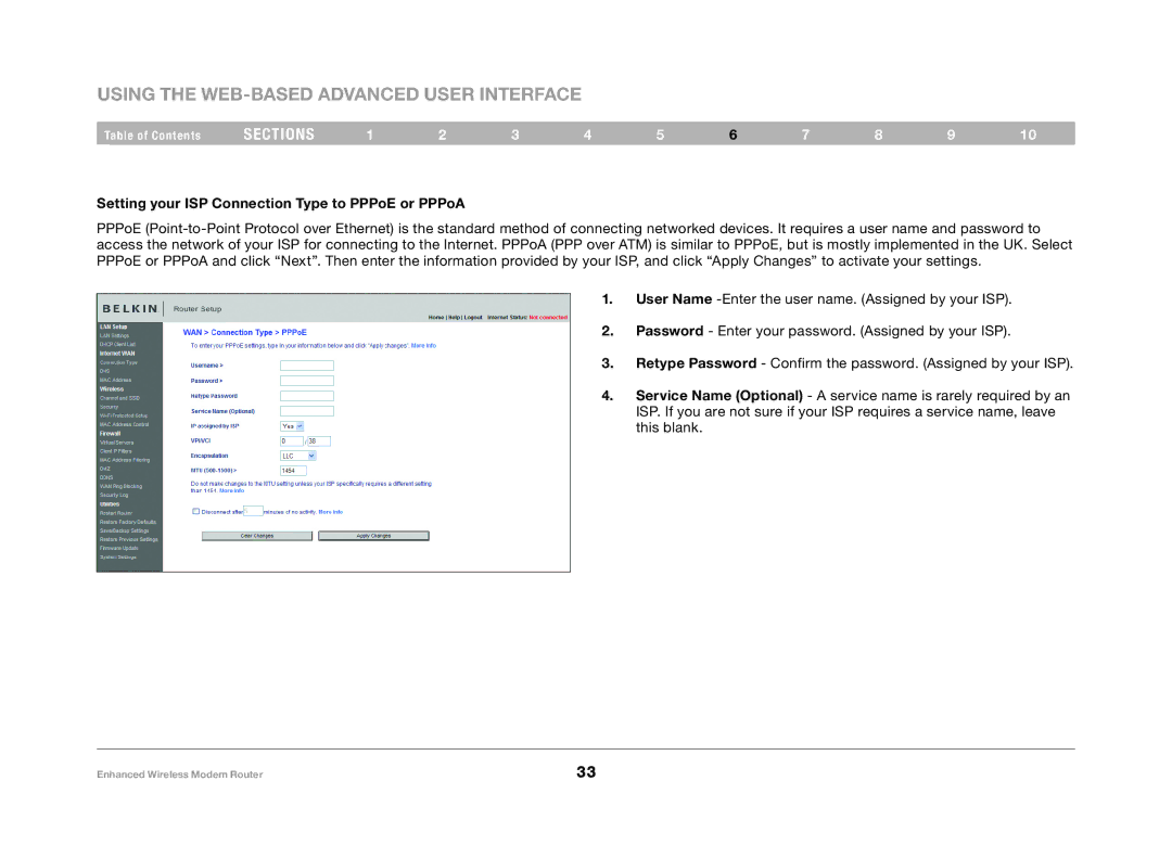 Belkin F6D4630-4 user manual Setting your ISP Connection Type to PPPoE or PPPoA 