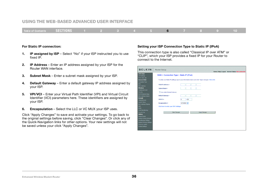 Belkin F6D4630-4 user manual For Static IP connection, Setting your ISP Connection Type to Static IP IPoA 