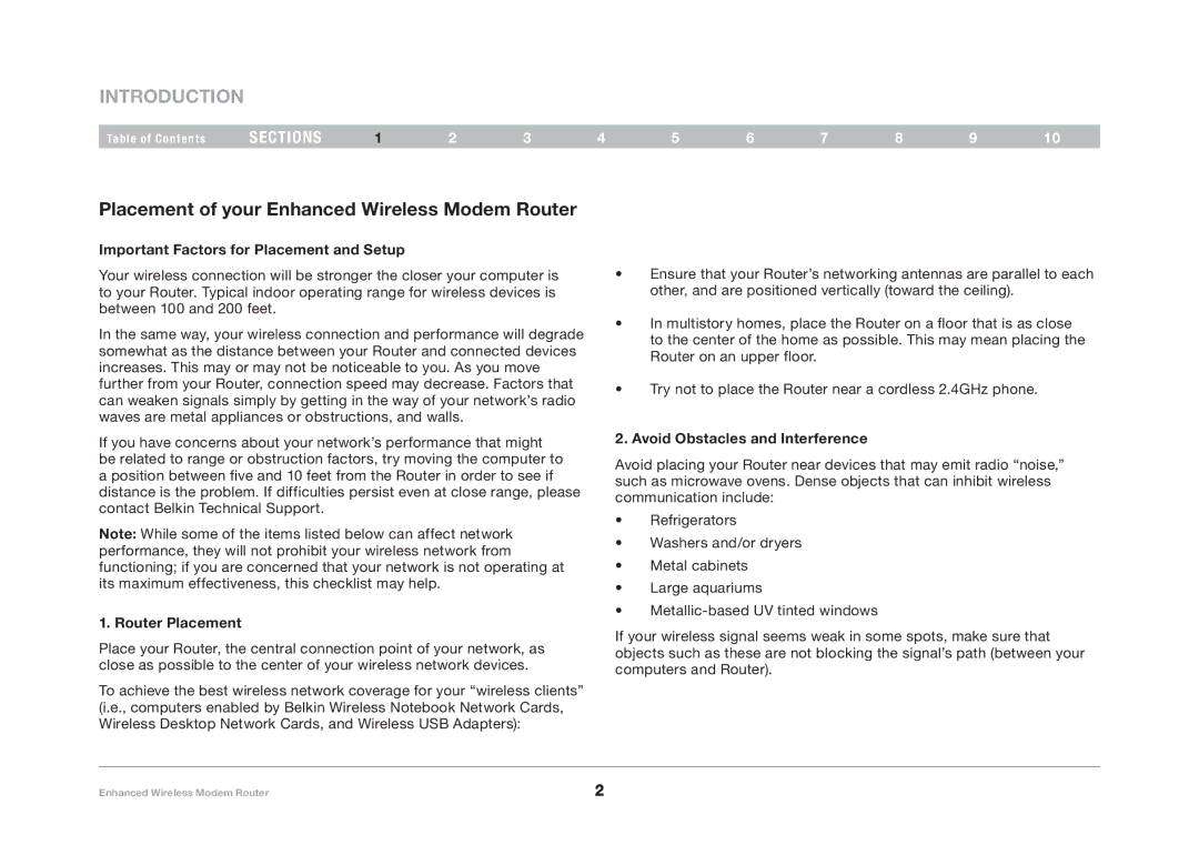 Belkin F6D4630-4 Introduction, Placement of your Enhanced Wireless Modem Router, Important Factors for Placement and Setup 