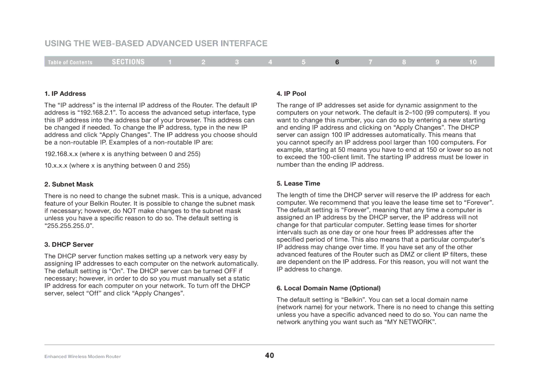 Belkin F6D4630-4 user manual IP Address, Subnet Mask, Dhcp Server, IP Pool, Lease Time, Local Domain Name Optional 